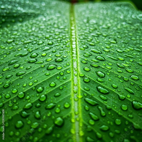 green land big banana eaf with water drops