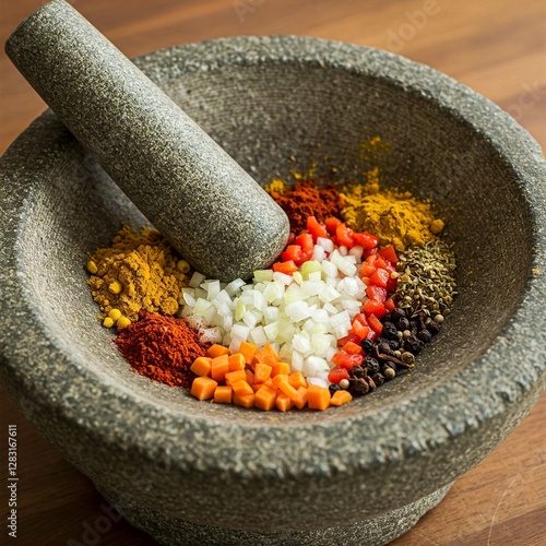 Green vegetables and Indian spicy masala in traditional mortar stone 