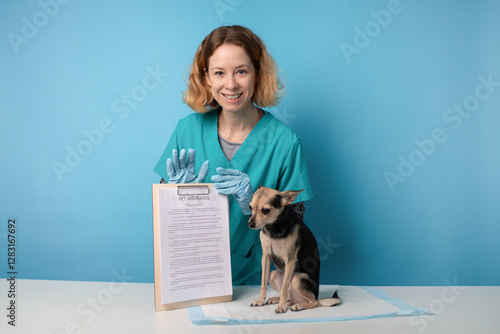 Wallpaper Mural veterinarian holding pet insurance document, dog sitting on medical table, veterinary clinic providing healthcare services Torontodigital.ca