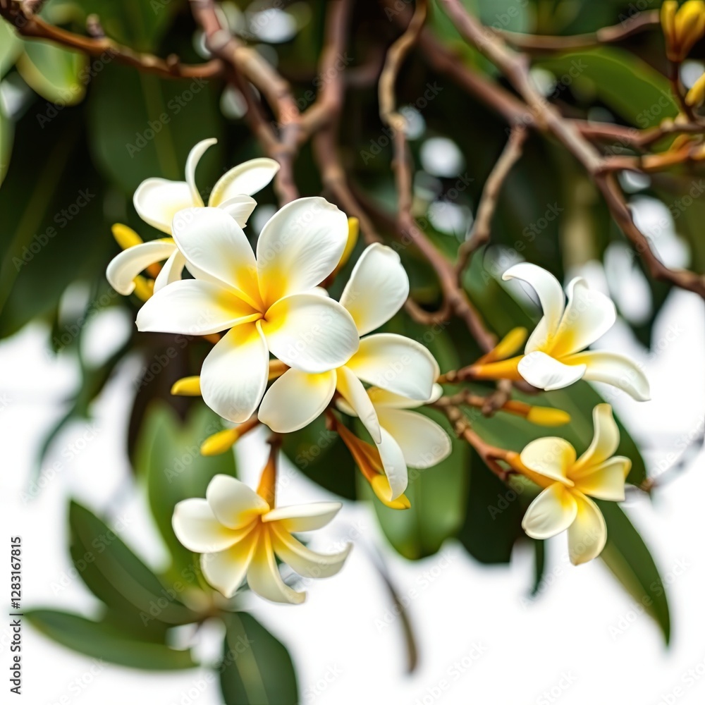 Delicate white plumeria blossoms bloom on a branch Delicate white plumeria blossoms bloom on a branch