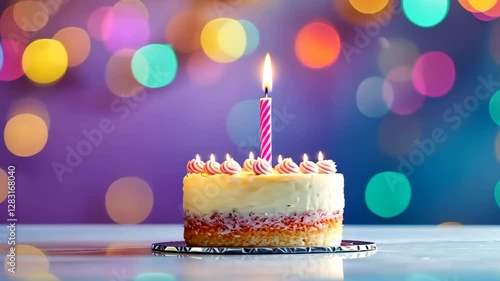 Enjoy a delightful birthday cake with a lit candle set against a vibrant, festive backdrop