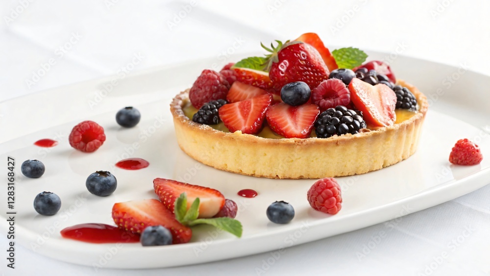 Fresh Berry Tart with Strawberries, Raspberries, Blueberries, and Blackberries on White Plate Fresh Berry Tart with Strawberries, Raspberries, Blueberries, and Blackberries on White Plate