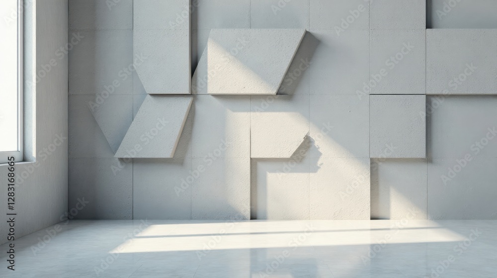 Obraz premium Modern Minimalist Room Interior Design Featuring a Textured Wall with Geometric Shapes and Natural Sunlight