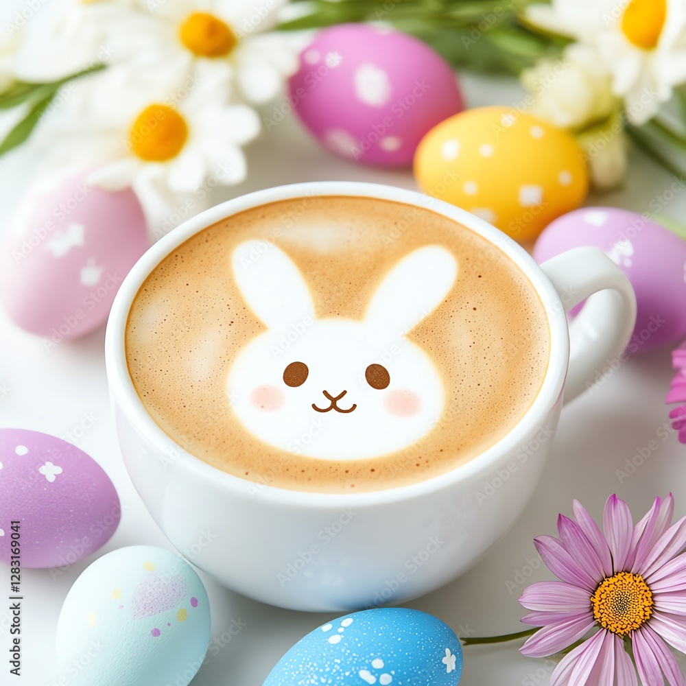 A delightful latte art featuring a cute bunny surrounded by colorful Easter eggs. A delightful latte art featuring a cute bunny surrounded by colorful Easter eggs.