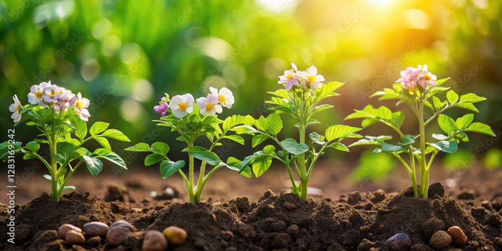 Row of potato plants sprouting from fertile earth amidst lush green foliage and vibrant wildflowers, nature, garden, nature Row of potato plants sprouting from fertile earth amidst lush green foliage and vibrant wildflowers, nature, garden, nature