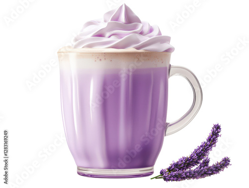 Elegant Lavender Latte with Whipped Cream in Glass Mug and Lavender Flower Decoration