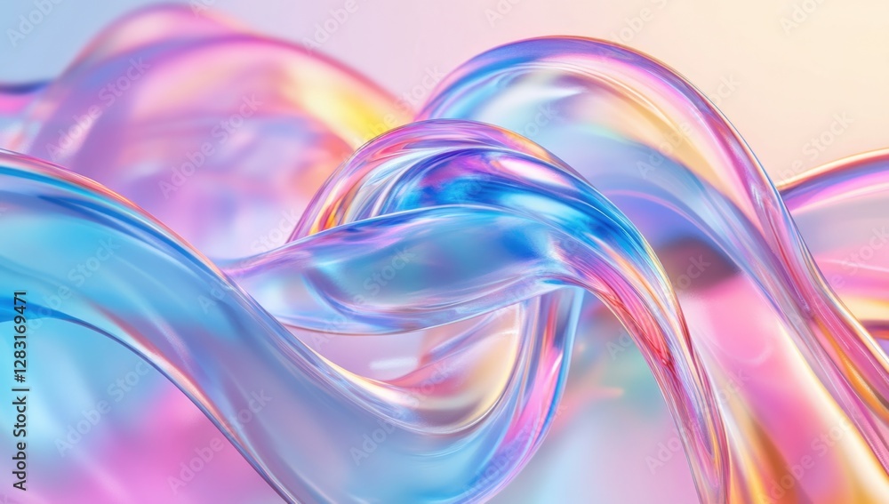Abstract background with colorful waves and wavy lines. Rainbow glass ribbon on a light pastel gradient background. Abstract background with colorful waves and wavy lines. Rainbow glass ribbon on a light pastel gradient background.