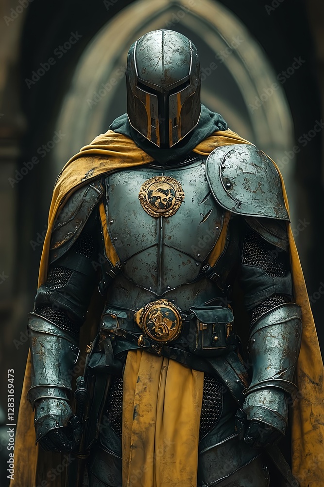 Image of a medieval knight wearing a yellow cloak, iron helmet and full armor standing in front of the entrance to an ancient cathedral Image of a medieval knight wearing a yellow cloak, iron helmet and full armor standing in front of the entrance to an ancient cathedral
