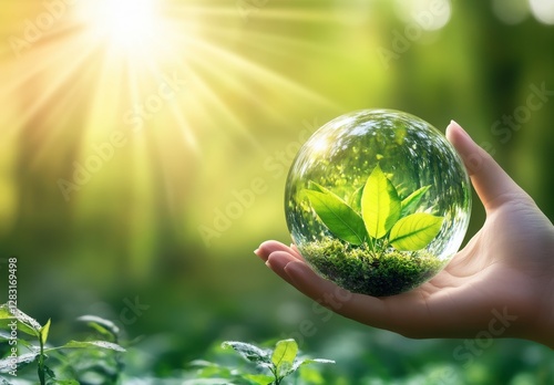 Green planet and clean energy system concept: blurred background with green plant elements inside crystal ball. Suitable for environment and sustainable energy promotion, CSR reporting.