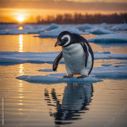 A penguin on an ice floe bathed in the golden light of sunset, with gentle ripples in the water.