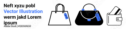 Three handbags and a wallet with blue labels. Includes text elements. Ideal for fashion promotions, retail branding, marketing materials, online shops, product catalogs, advertisements, website