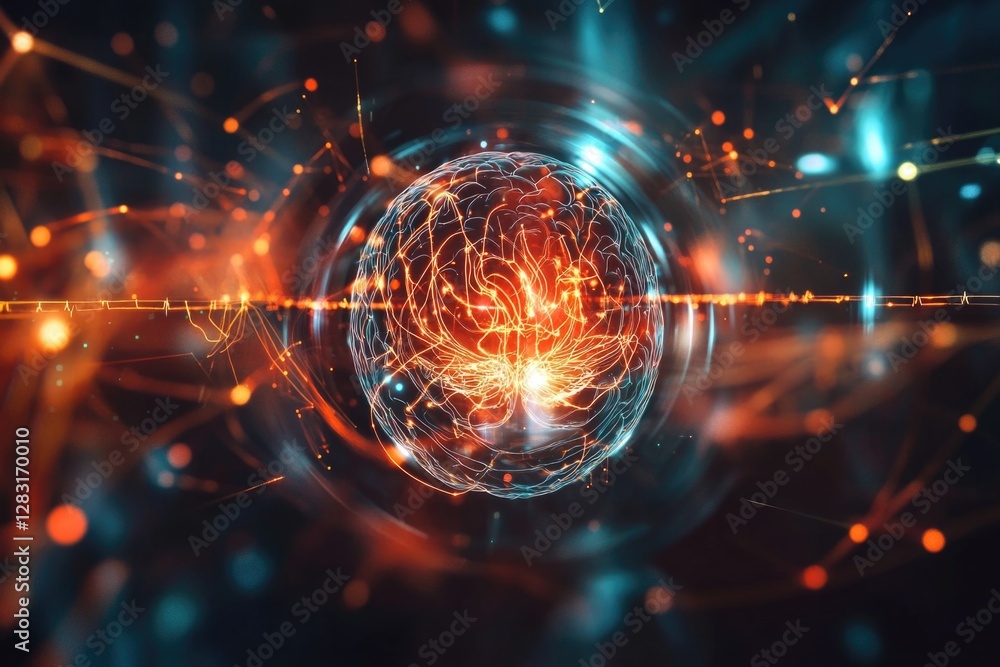 Obraz premium An abstract image of a sphere with a glowing center surrounded by intricate lines and dots, suitable for use in scientific or technological illustrations