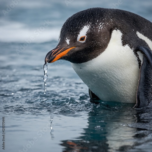 A close-up shot of a penguin’s face as it looks over the icy ocean, its reflection visible in the pristine water.