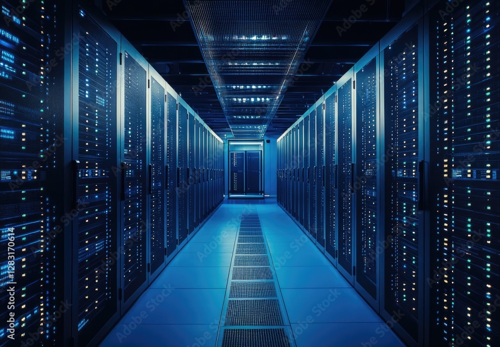 Modern server room with rows of illuminated data center machines in dark blue lighting. Modern server room with rows of illuminated data center machines in dark blue lighting.