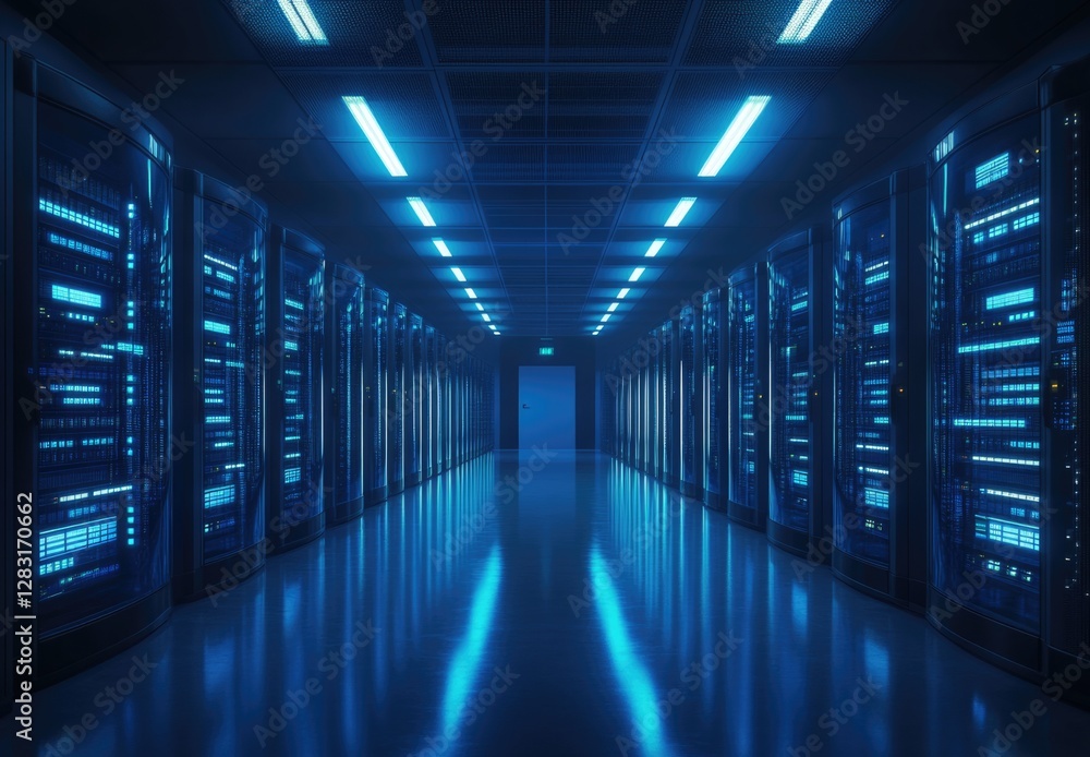 Modern server room with rows of illuminated data center machines in dark blue lighting. Modern server room with rows of illuminated data center machines in dark blue lighting.