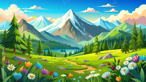 Idyllic mountain landscape with fresh green meadows and blooming wildflowers. Idyllic nature countryside view, rural outdoor natural view. idyllic banner nature, panoramic spring summer scenery