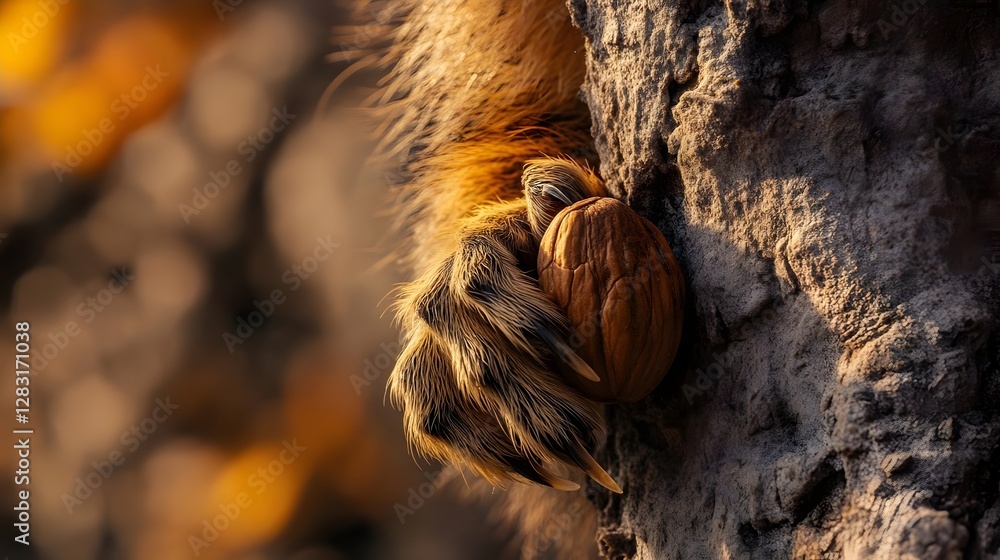 Close-up of a lion's paw gripping a textured tree bark, with warm autumn colors in the background Close-up of a lion's paw gripping a textured tree bark, with warm autumn colors in the background