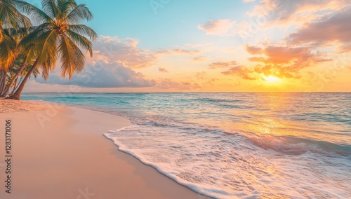 Beautiful sunset on the tropical beach with palm trees. Vibrant colorful sky.