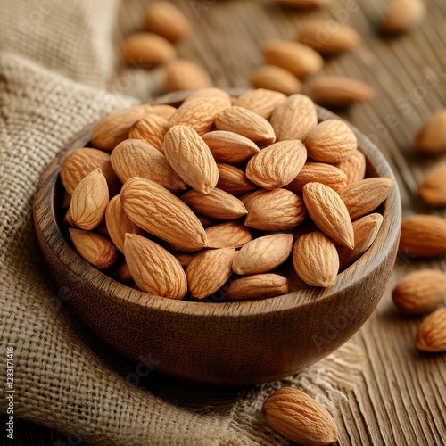 Brown Wooden Bowl of Almonds on Burlap and Wood