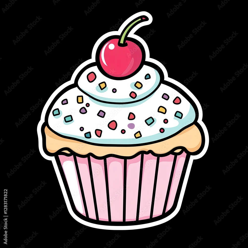 Cartoon Cupcake with Cherry and Sprinkles Cartoon Cupcake with Cherry and Sprinkles