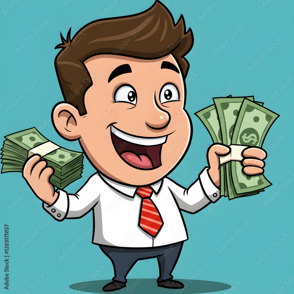 Joyful Cartoon Businessman Holding Stacks of Cash Wealthy Successful Finance Joyful Cartoon Businessman Holding Stacks of Cash Wealthy Successful Finance