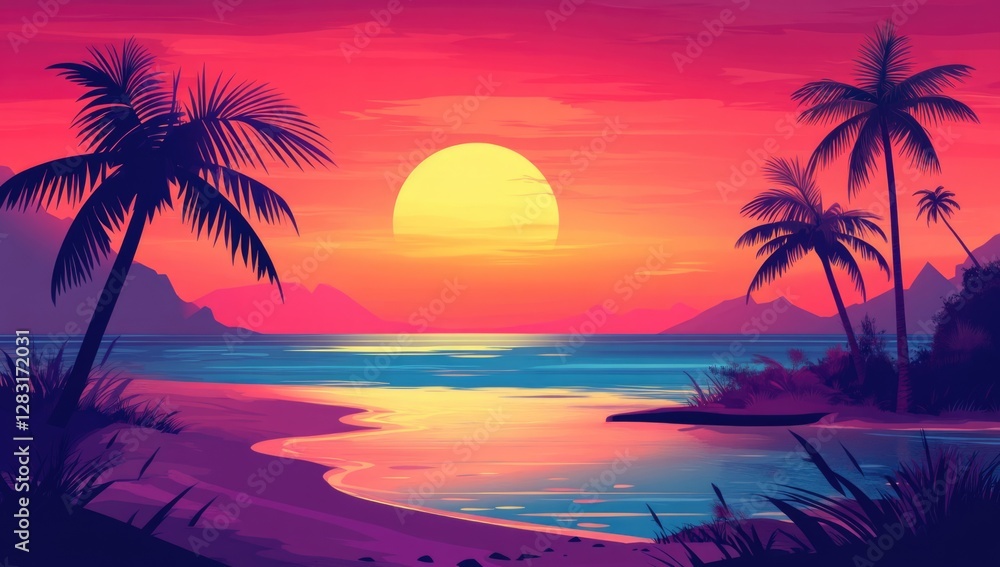Beautiful sunset on the tropical beach with palm trees. Vibrant colorful sky. Beautiful sunset on the tropical beach with palm trees. Vibrant colorful sky.