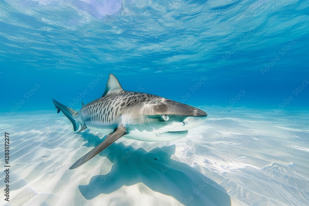 Fototapeta premium Tiger Shark Up Close Full Body Shot. Stripes showing in clear blue water with white sandy bottom. Photo taken in The Bahamas.