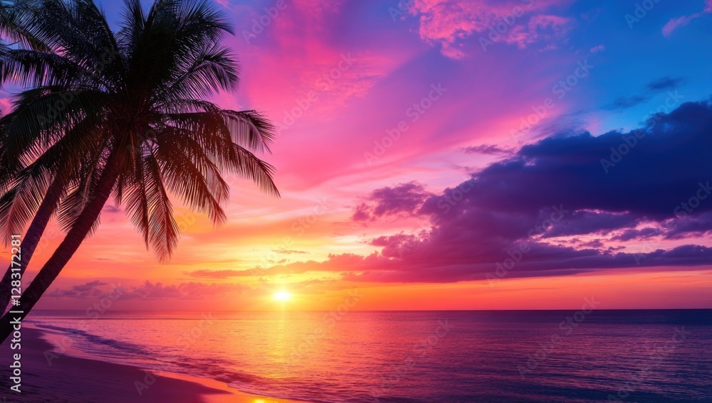 Beautiful sunset on the tropical beach with palm trees. Vibrant colorful sky. Beautiful sunset on the tropical beach with palm trees. Vibrant colorful sky.