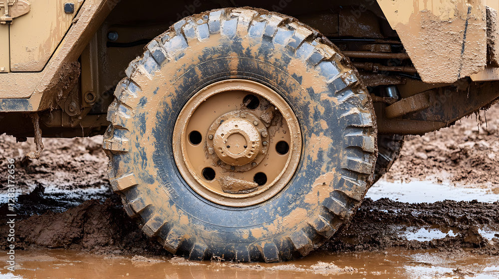 Muddy Wheel of Off-Road Vehicle in Soft Terrain with Water Puddles Muddy Wheel of Off-Road Vehicle in Soft Terrain with Water Puddles