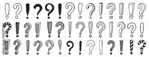 Doodle exclamation mark and question marks set. Hand drawn drawing punctuation symbols, creative ink stroke question exclamation mark icon set.