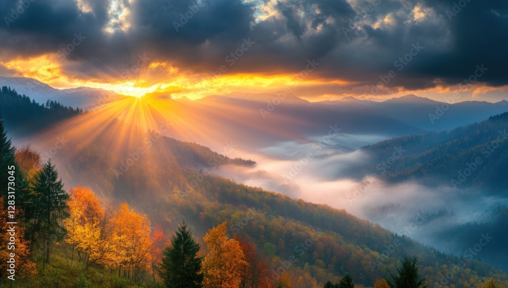 Fototapeta premium Beautiful mountain landscape with a dramatic sky at sunrise or sunset