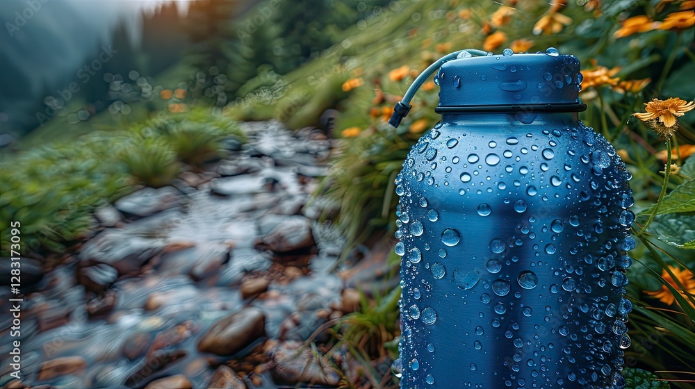 A Blue Water Bottle With Condensation Resting Near A Stream A Blue Water Bottle With Condensation Resting Near A Stream