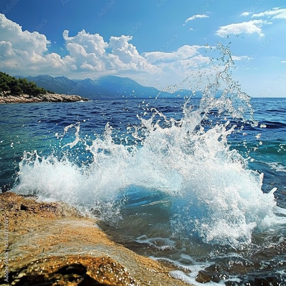 Obraz premium Banner Turquoise ocean sea water white wave pattern splashing deep blue sea. Banner Tropical sea beach Seascape dark background wave splash on rock. Summer Ocean Surface big wave with copy space