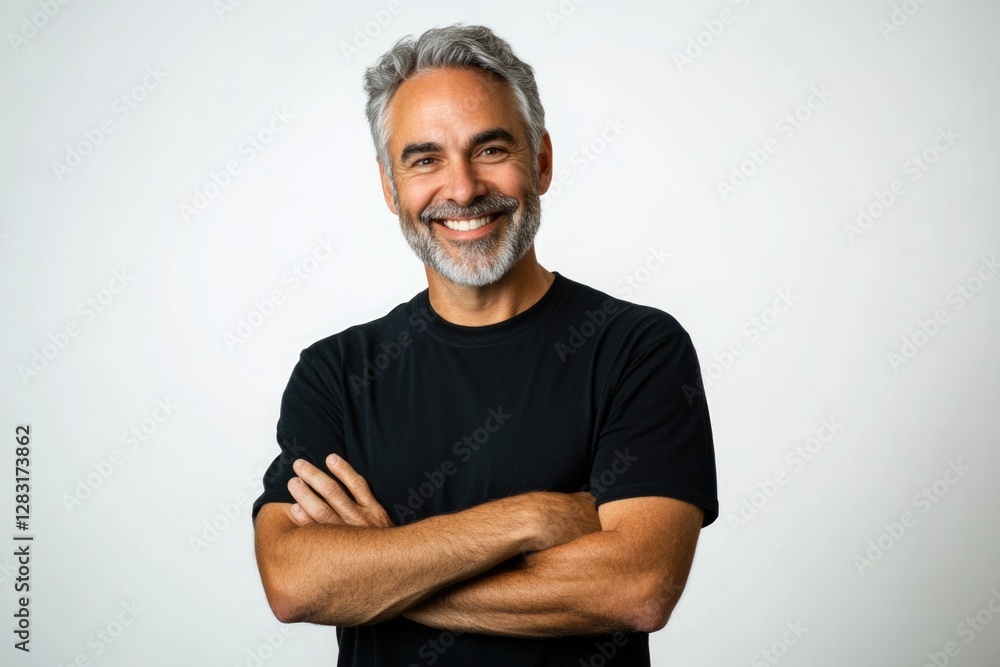 Smiling middle aged man with his arms crossed, wearing a black t shirt on white background. Smiling middle aged man with his arms crossed, wearing a black t shirt on white background.
