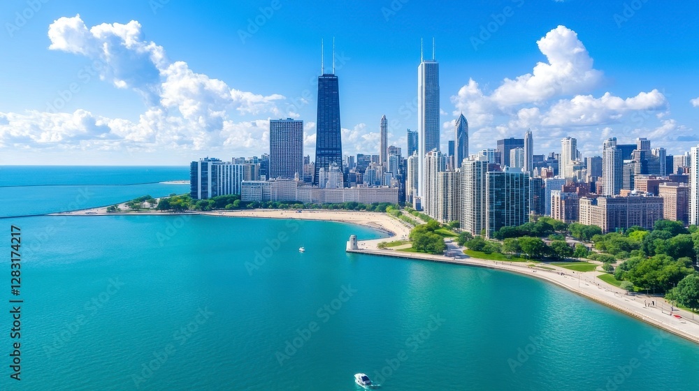 Obraz premium Coastal City Aerial View Turquoise Waters, Modern Skyscrapers, Sunny Day