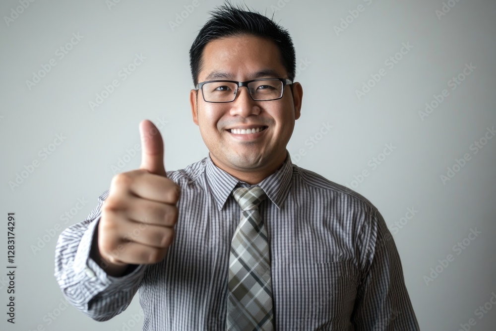 Portrait of a handsome young Asian man in a casual shirt showing a thumbs up and smiling. Portrait of a handsome young Asian man in a casual shirt showing a thumbs up and smiling.