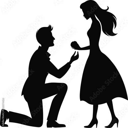 Happy valentine's day couple proposing vector silhouette, illustration on black and white.