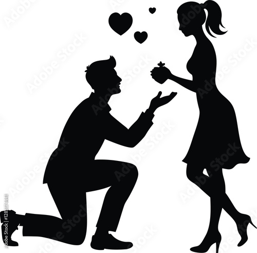 Happy valentine's day couple proposing vector silhouette, illustration on black and white.