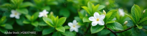 delicate white jasmine flowers on lush green bush, blooming flowers, plant life