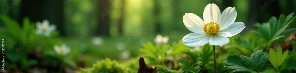Fototapeta premium Delicate white petals of woodland anemone unfold, trees, ferns, bloom