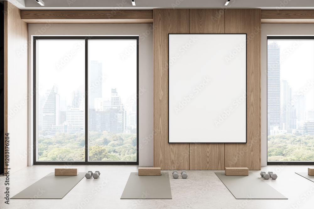 Fototapeta premium Minimalist yoga studio with large framed blank poster on wooden wall. 3D Rendering
