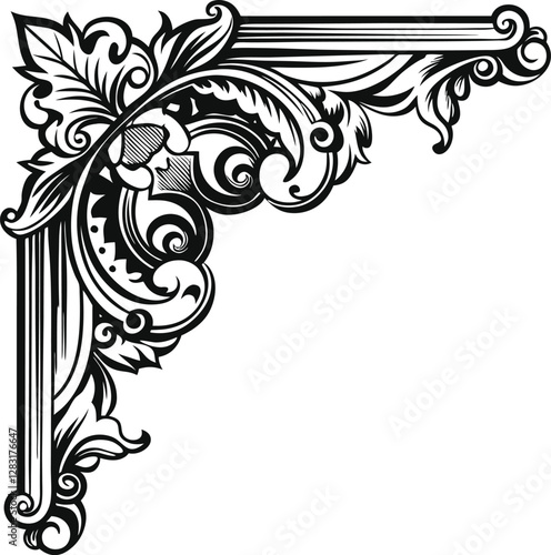 Vintage Corner frame. Hand drawn vector illustration on black and white background.