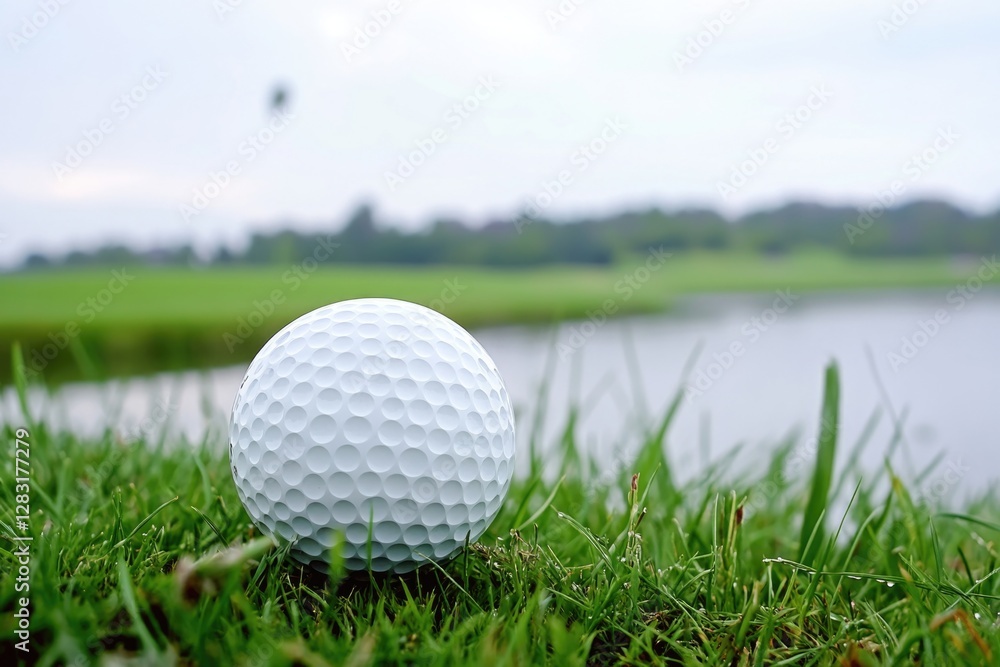 Fototapeta premium A golf ball sits on a lush green grass, ideal for a golf course or sports illustration