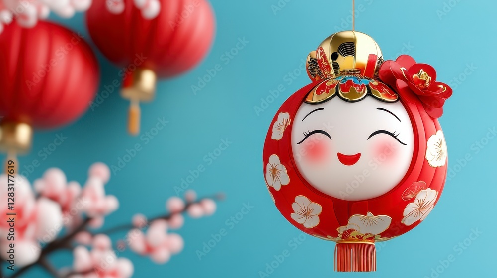 Detailed 3D Red Chinese Lantern with Smiling Face and Floral Accents on Blue Backdrop Detailed 3D Red Chinese Lantern with Smiling Face and Floral Accents on Blue Backdrop