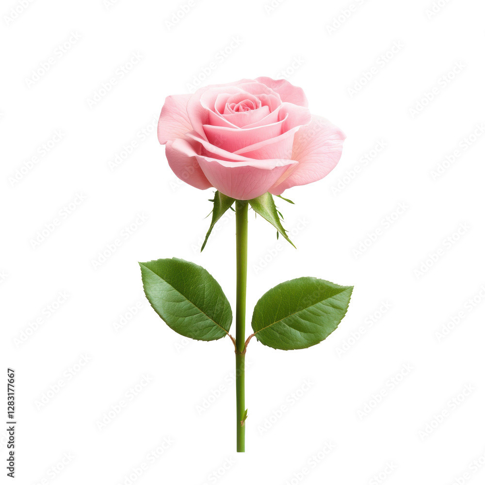 Obraz premium Elegant pink rose with green leaves on a black background
