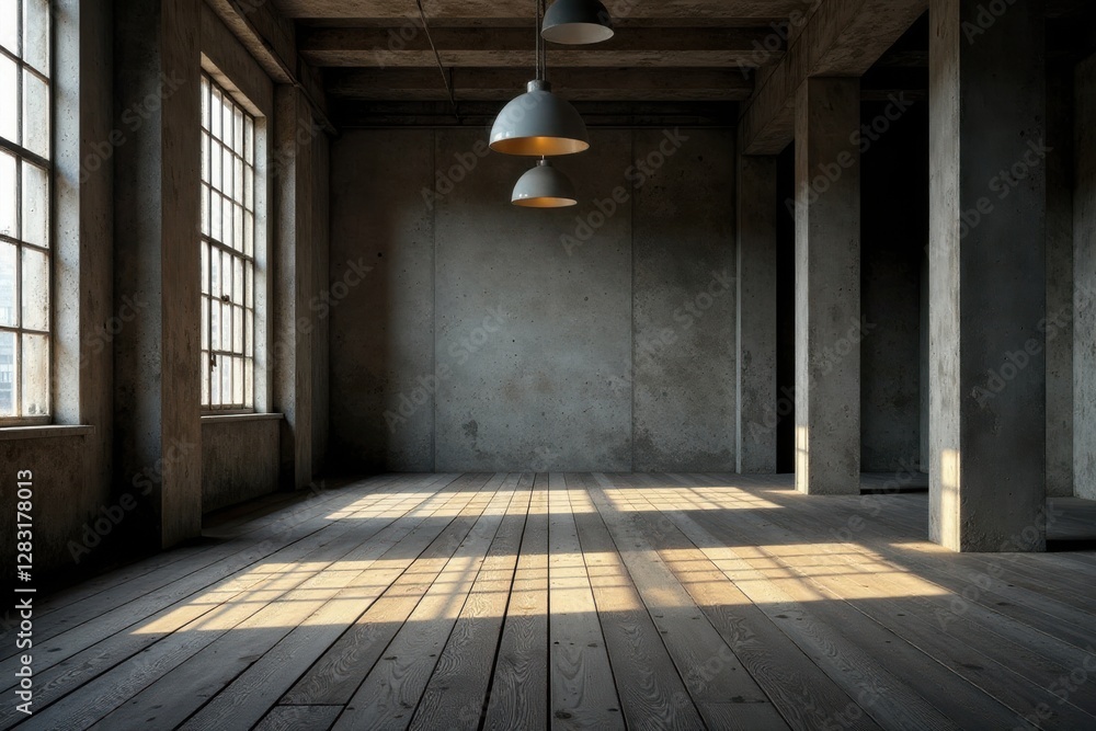 Sunlit Industrial Loft Space with Exposed Concrete and Wooden Floor Sunlit Industrial Loft Space with Exposed Concrete and Wooden Floor