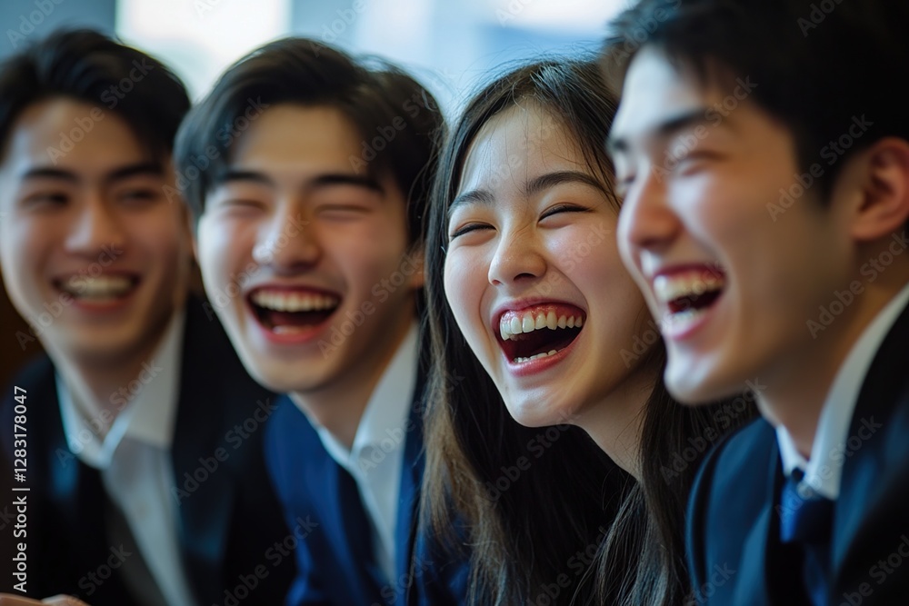 Young Adults Sharing Joyful Laughter Together in Business Suits, Expressing Positive Emotions and Friendship. Young Adults Sharing Joyful Laughter Together in Business Suits, Expressing Positive Emotions and Friendship.