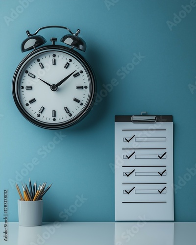 Clock and checklist for time management tasks.
