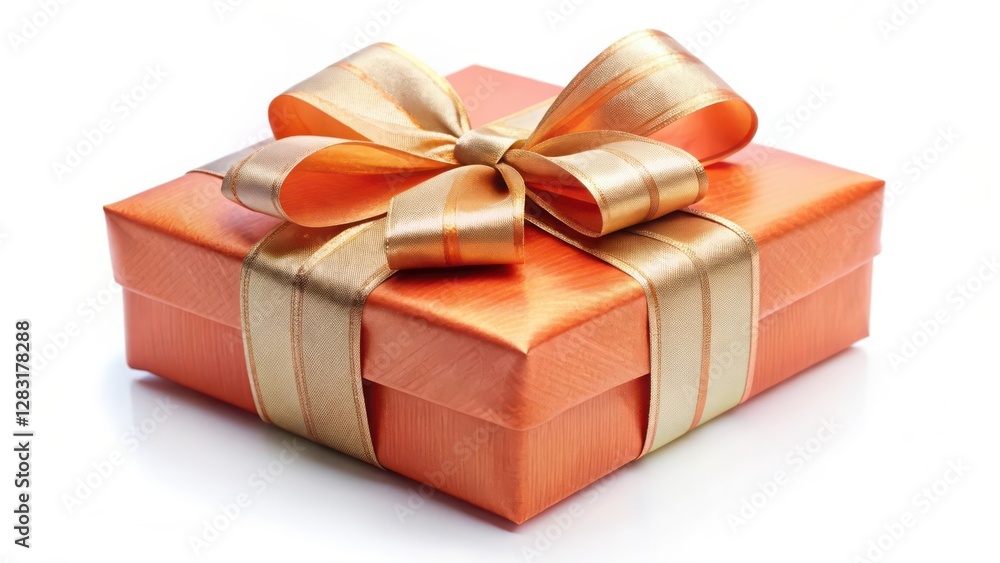 Orange Gift Box with Gold Ribbon on White Background Orange Gift Box with Gold Ribbon on White Background