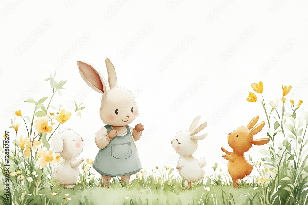 Cute bunnies celebrating Easter with colorful eggs in a springtime meadow Cute bunnies celebrating Easter with colorful eggs in a springtime meadow